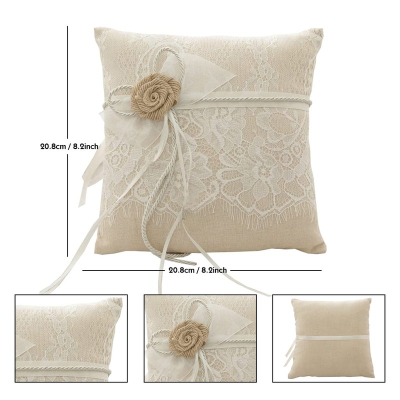 RIMOBUL Wedding Ring Pillow, Bearer Pillow Lace & Flower Ring Cushion for Beach Wedding Party Ceremony 8.2" x 8.2" - Ivory - Image 2